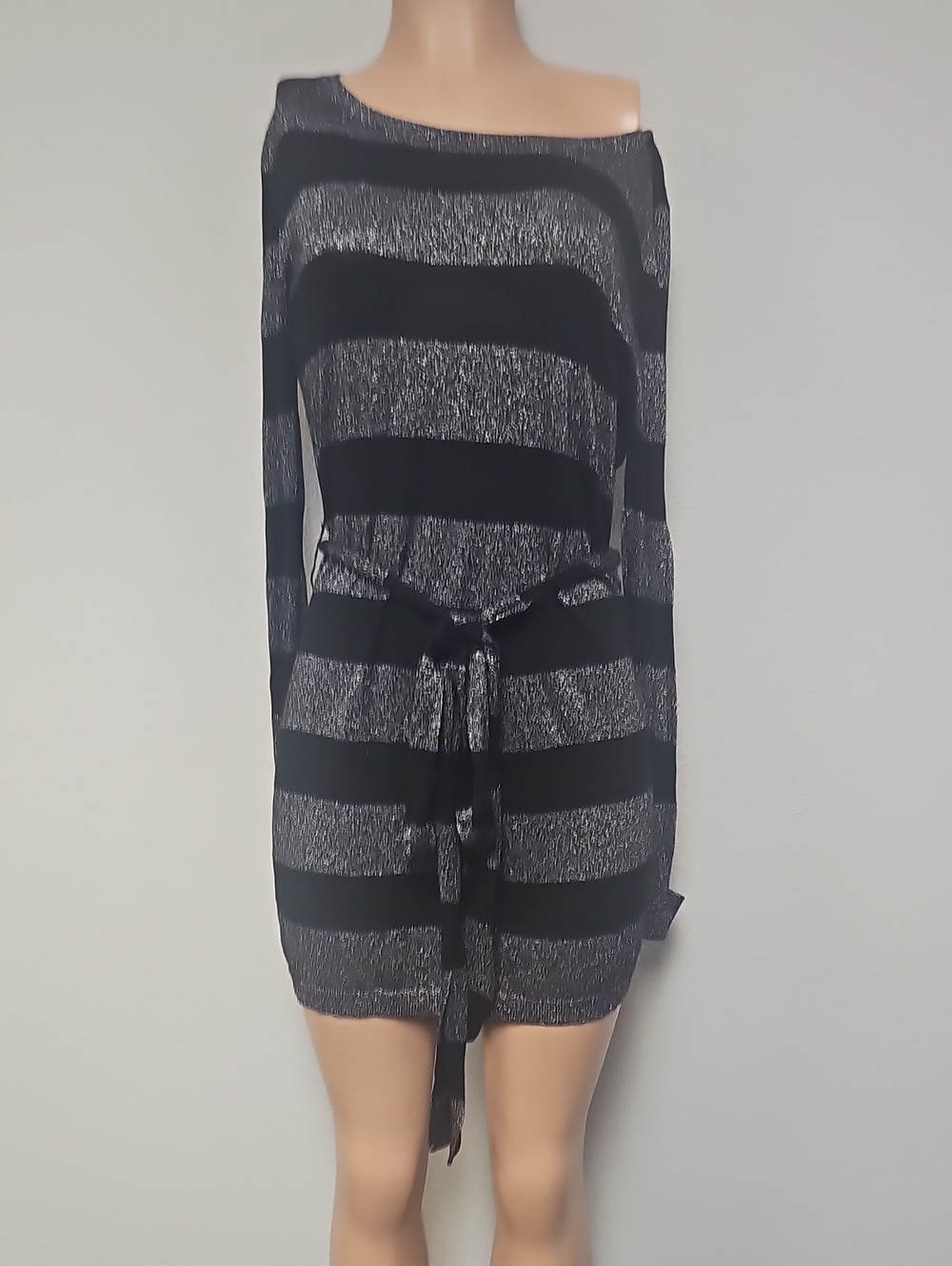 mac & jac Black and Gray Striped Off-Shoulder Belted Mini Dress